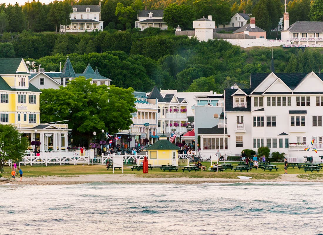 South Haven, MI - Passing by downtown Mackinac Island at sunset from a ferry on Lake Michigan